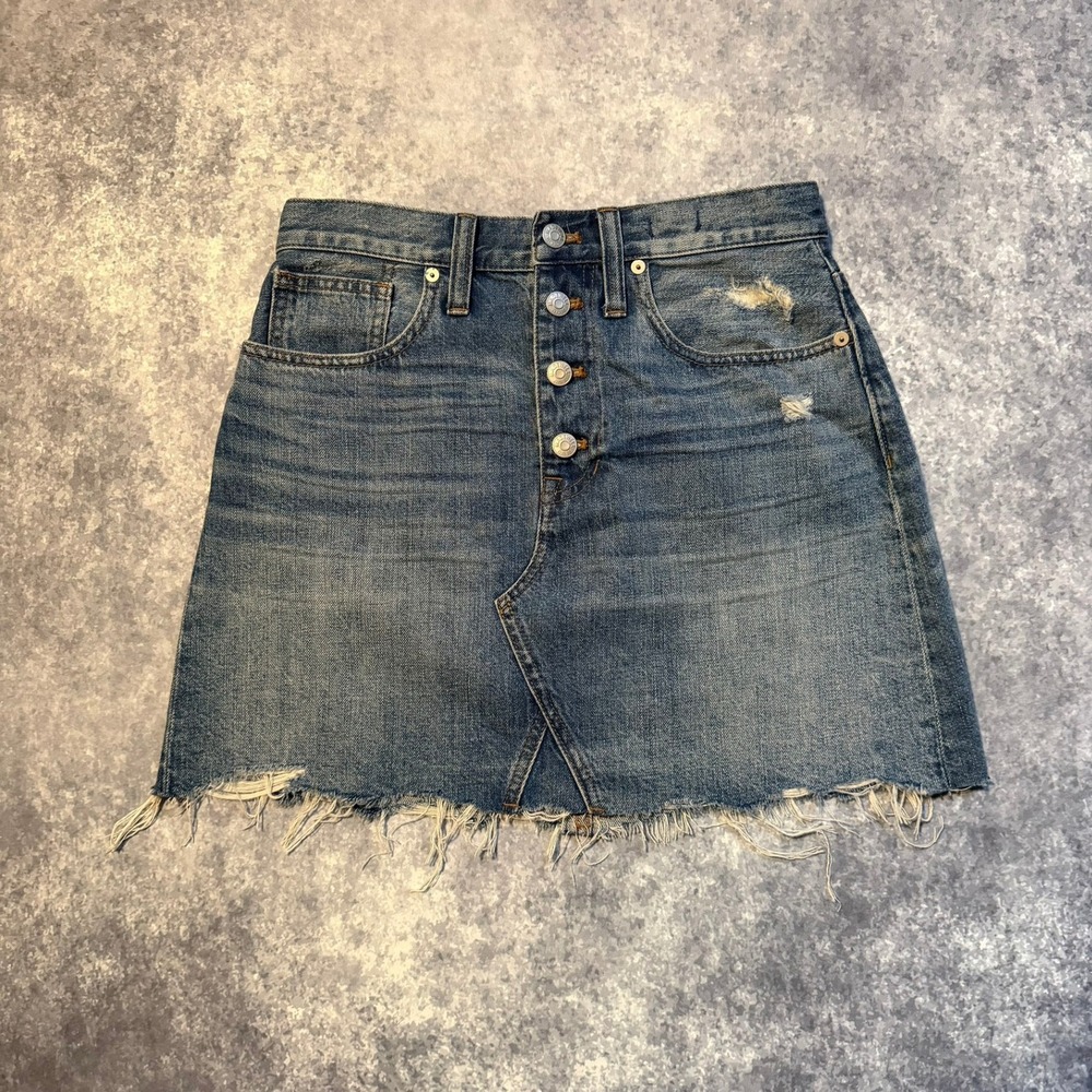 Madewell Rigid Denim A-Line Mini‎ Skirt Blue Button Fly Raw Hem Size 27